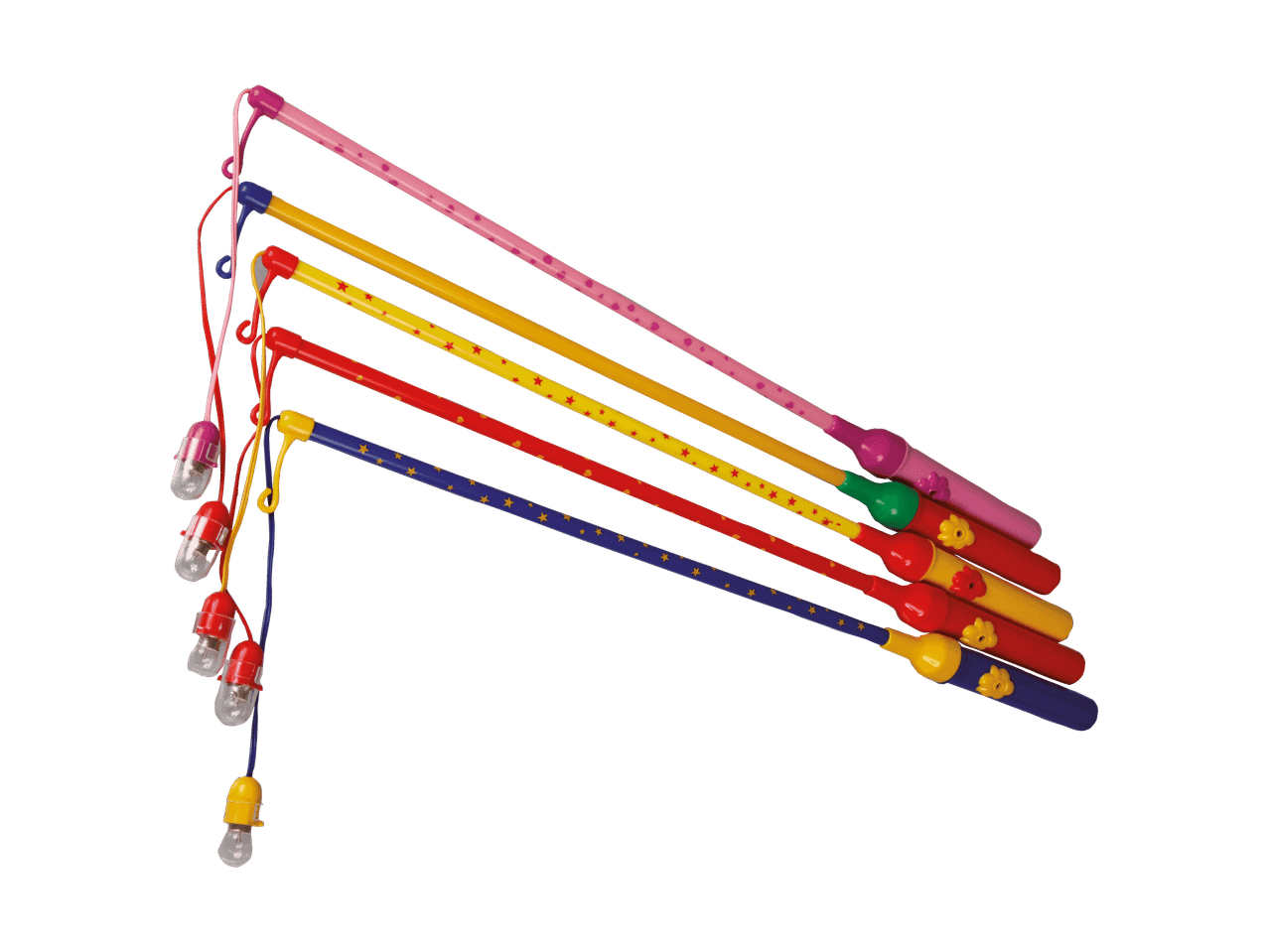 Fünf bunte Laternenstäbe mit Sternen- und Herzmotiven und einer Lichterkette.