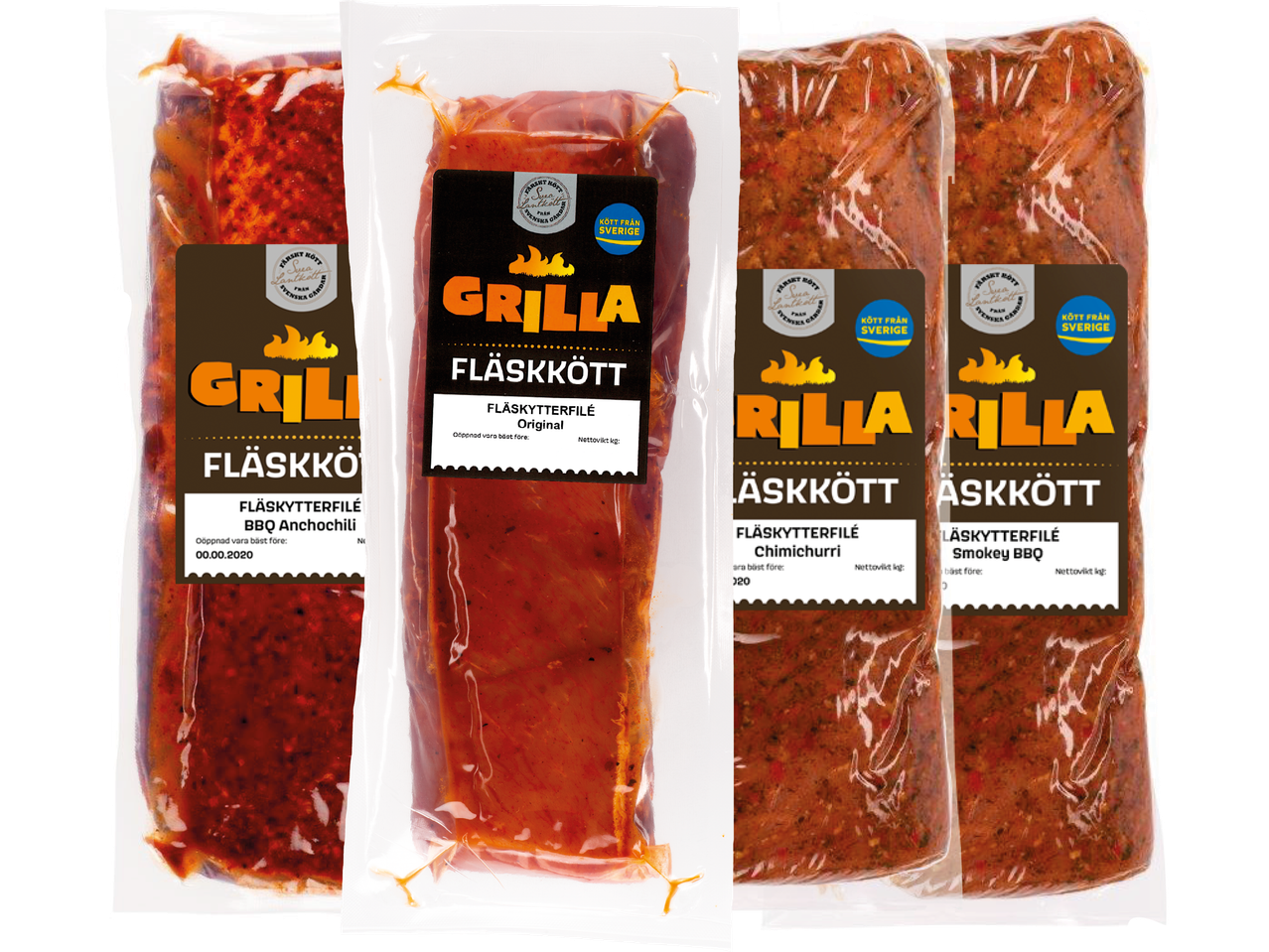 Grilla fläskkottsfilé i olika smaker: original, chimichurri och smokey BBQ.