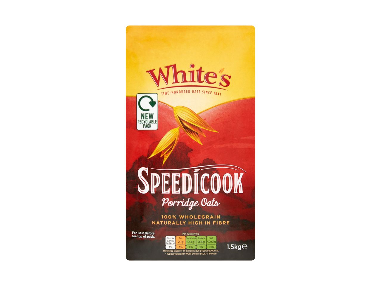White's Speedicook porridge oats: 100% wholegrain, naturally high in fibre.