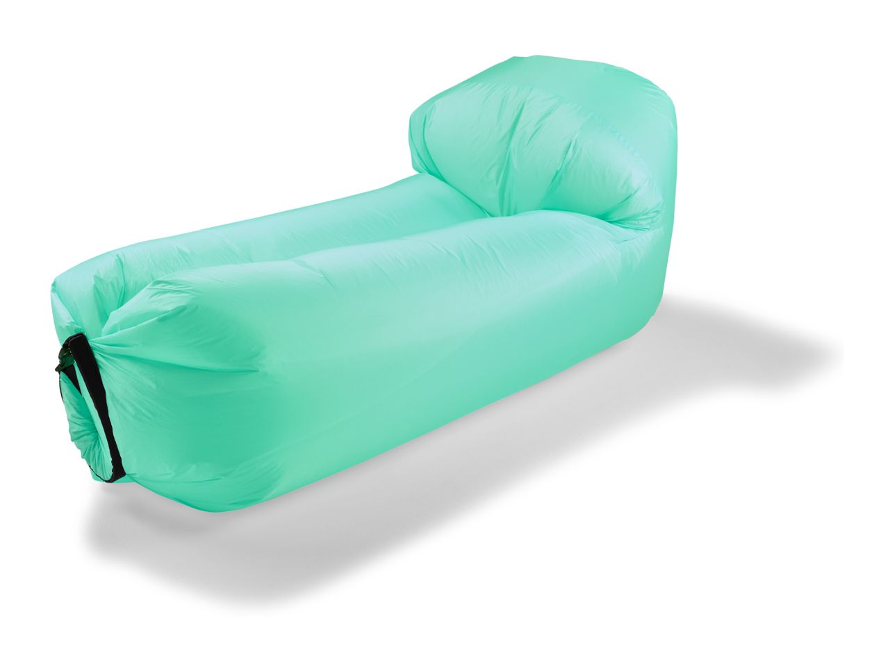 Mint green inflatable lounger with a black buckle closure, casting a shadow on a white background.