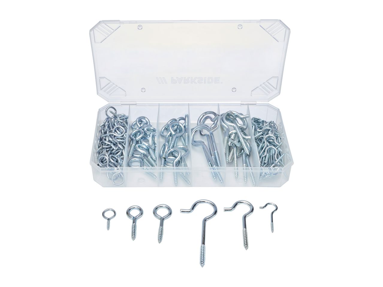 A clear plastic organizer box filled with various sizes of screw eyes and screw hooks, with some pieces displayed below.