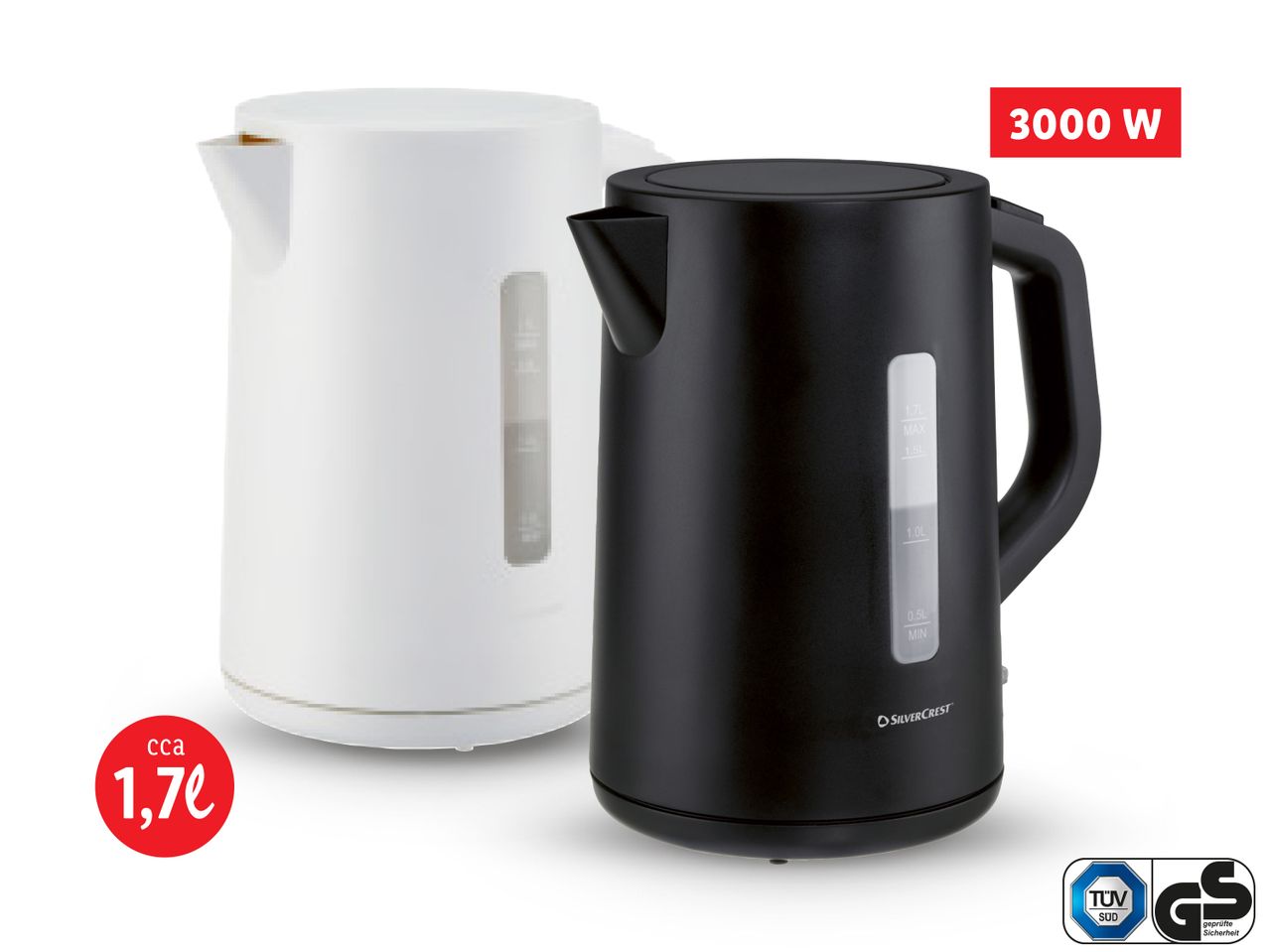 Dvije električne čajnice SilverCrest, bijela i crna, snage 3000 W.