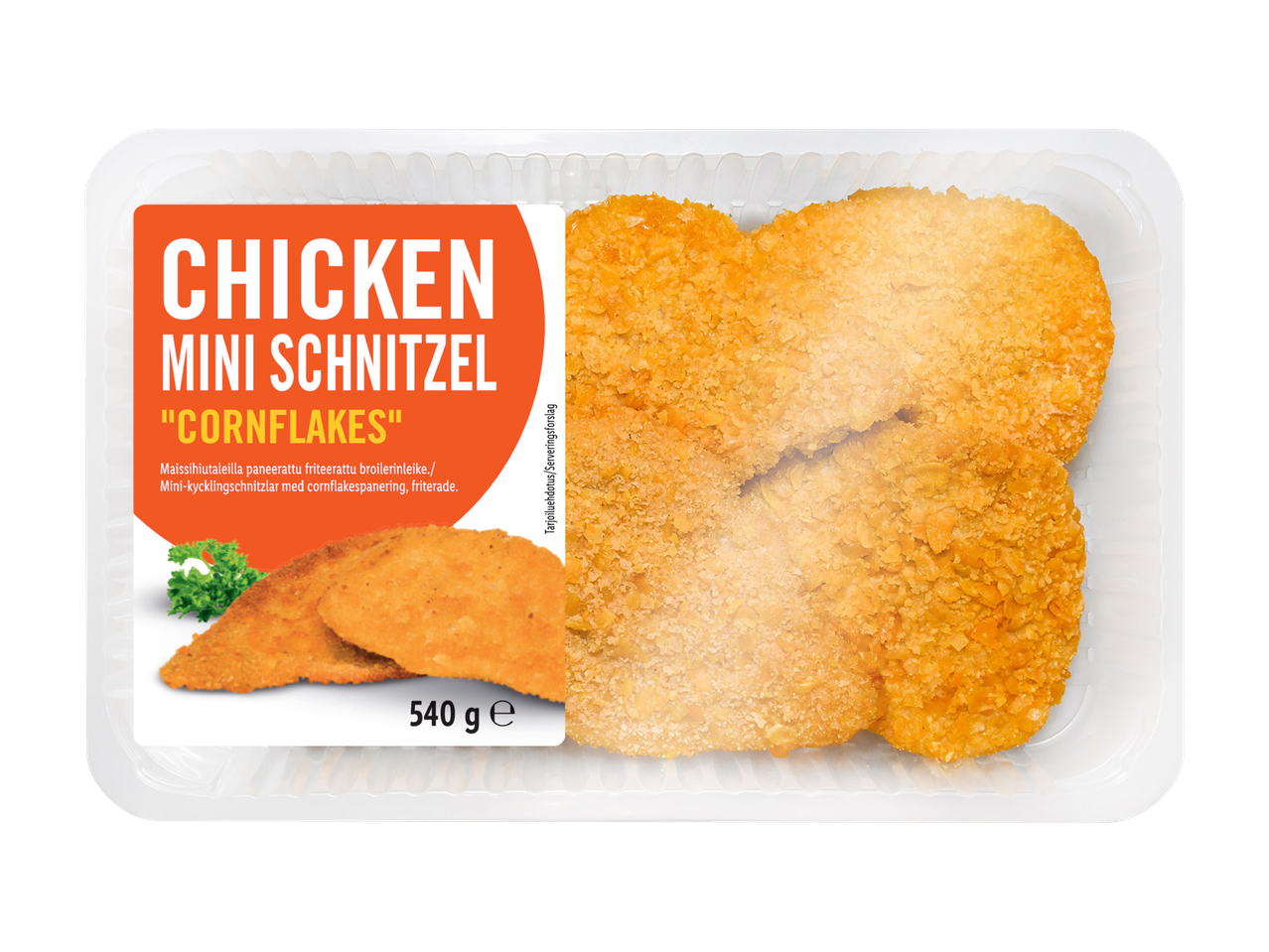 Kanansiruli mini-schnitzellit, maissihiutale panerointi.