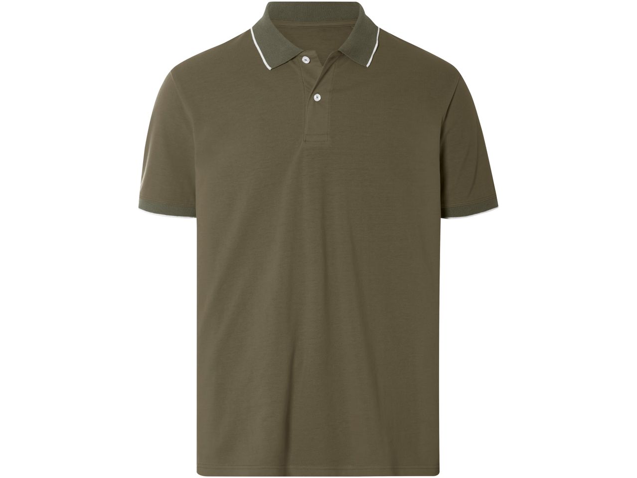Polo a maniche corte verde oliva con colletto a contrasto bianco e verde.