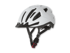 Weißer Fahrradhelm mit schwarzem Visier und verstellbaren Riemen