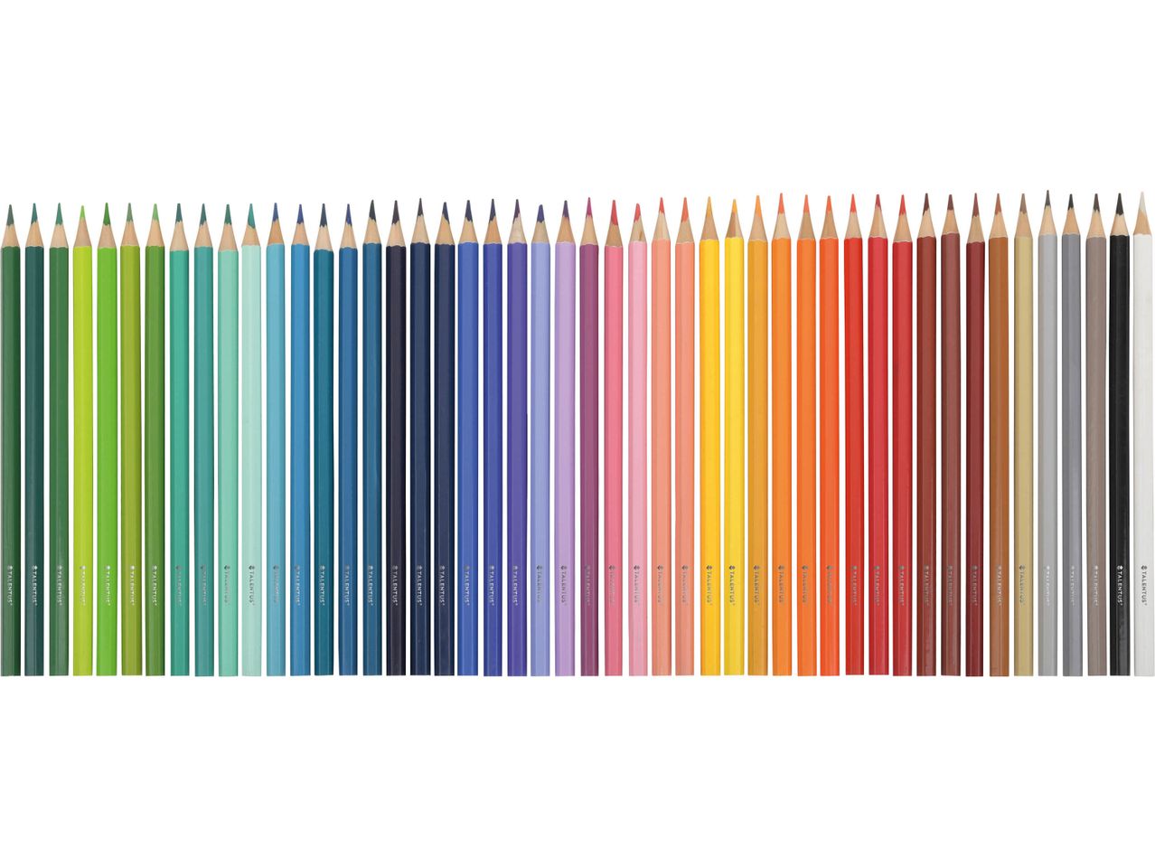 Una fila di matite colorate di marca Talentus, disposte in un gradiente di colori.