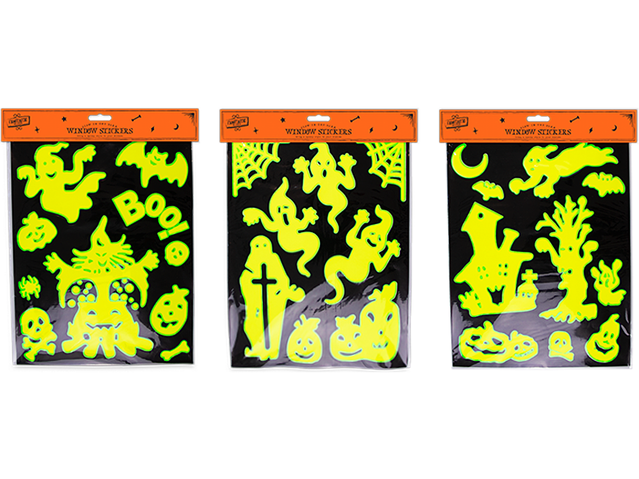 Three packs of Halloween glow-in-the-dark window stickers with ghosts, bats, and pumpkins.