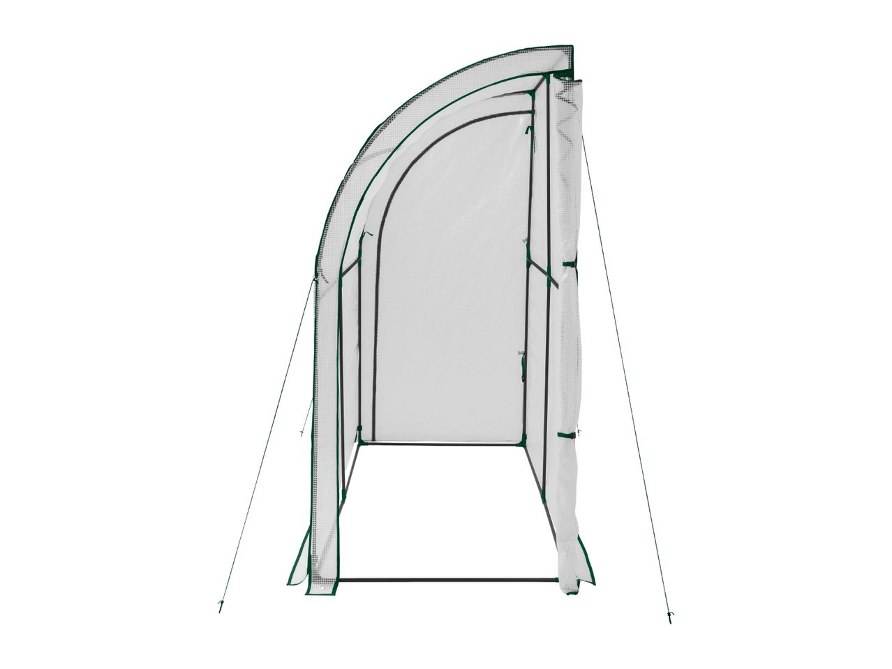 Compact lean-to greenhouse with a curved roof and green frame