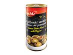 Can of green olives filled with pepper, with a red and black label.