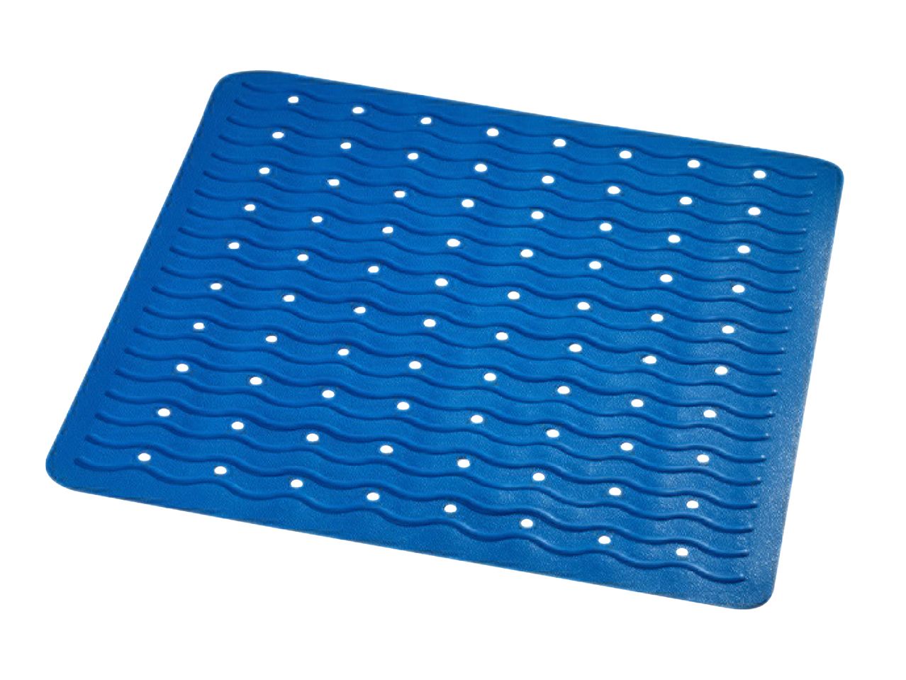 Blue square bath mat with wavy texture and small white drainage holes.