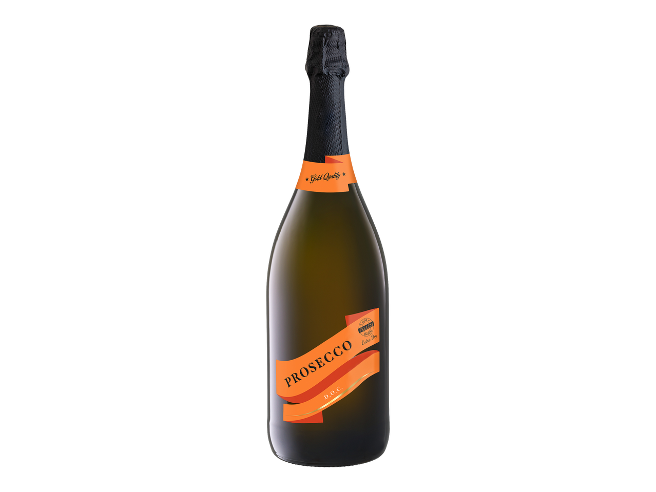 Bouteille de Prosecco D.O.C. avec une étiquette orange et noire, sur fond noir.