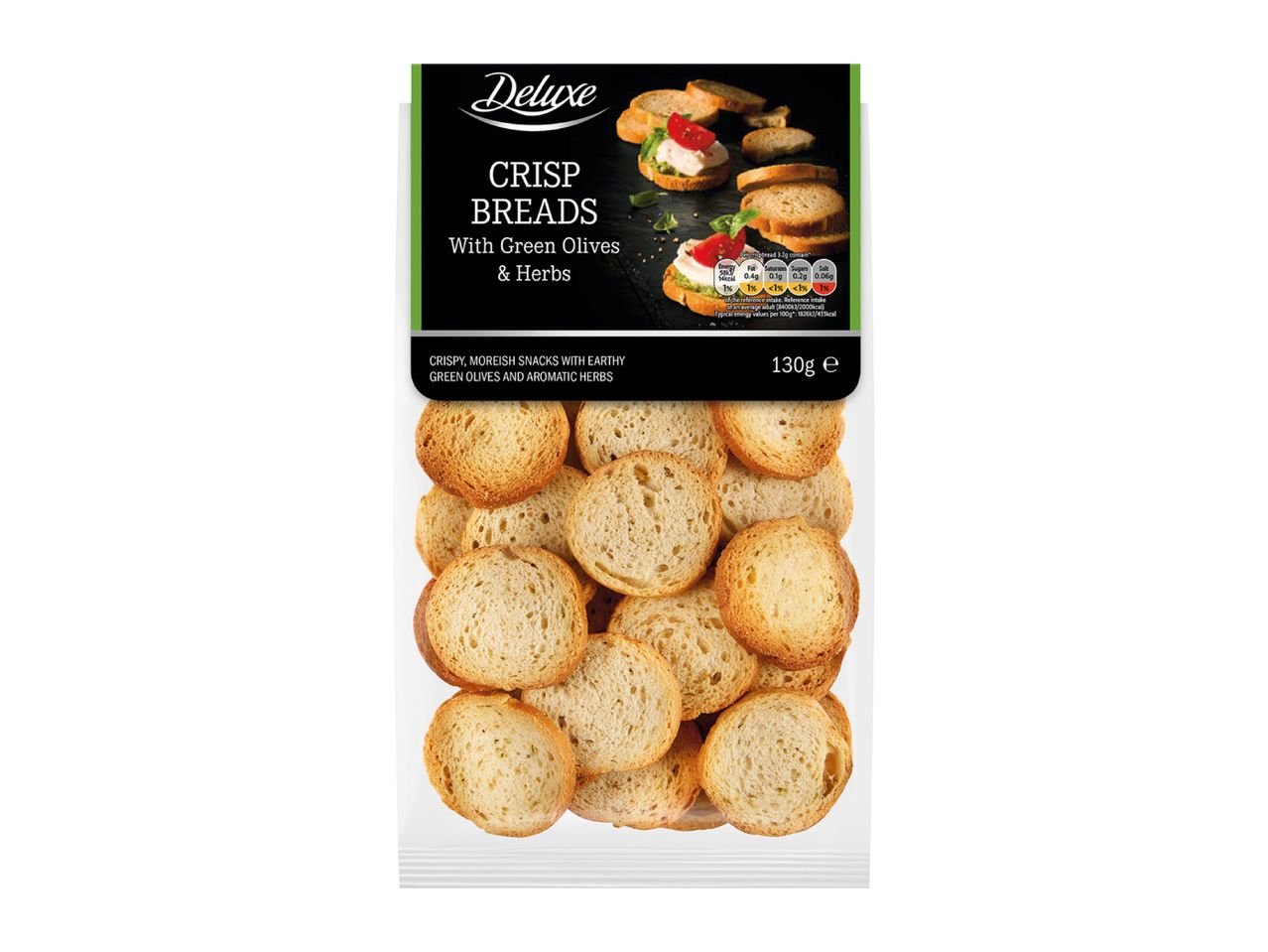 Crisp breads with green olives and herbs, showing nutritional information and weight.