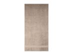 A rectangular, light brown bath towel with a subtle striped border at the bottom.