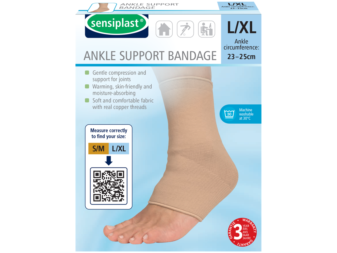 Sensiplast® Ankle Support Bandage, L/XL size, with features and washing instructions.