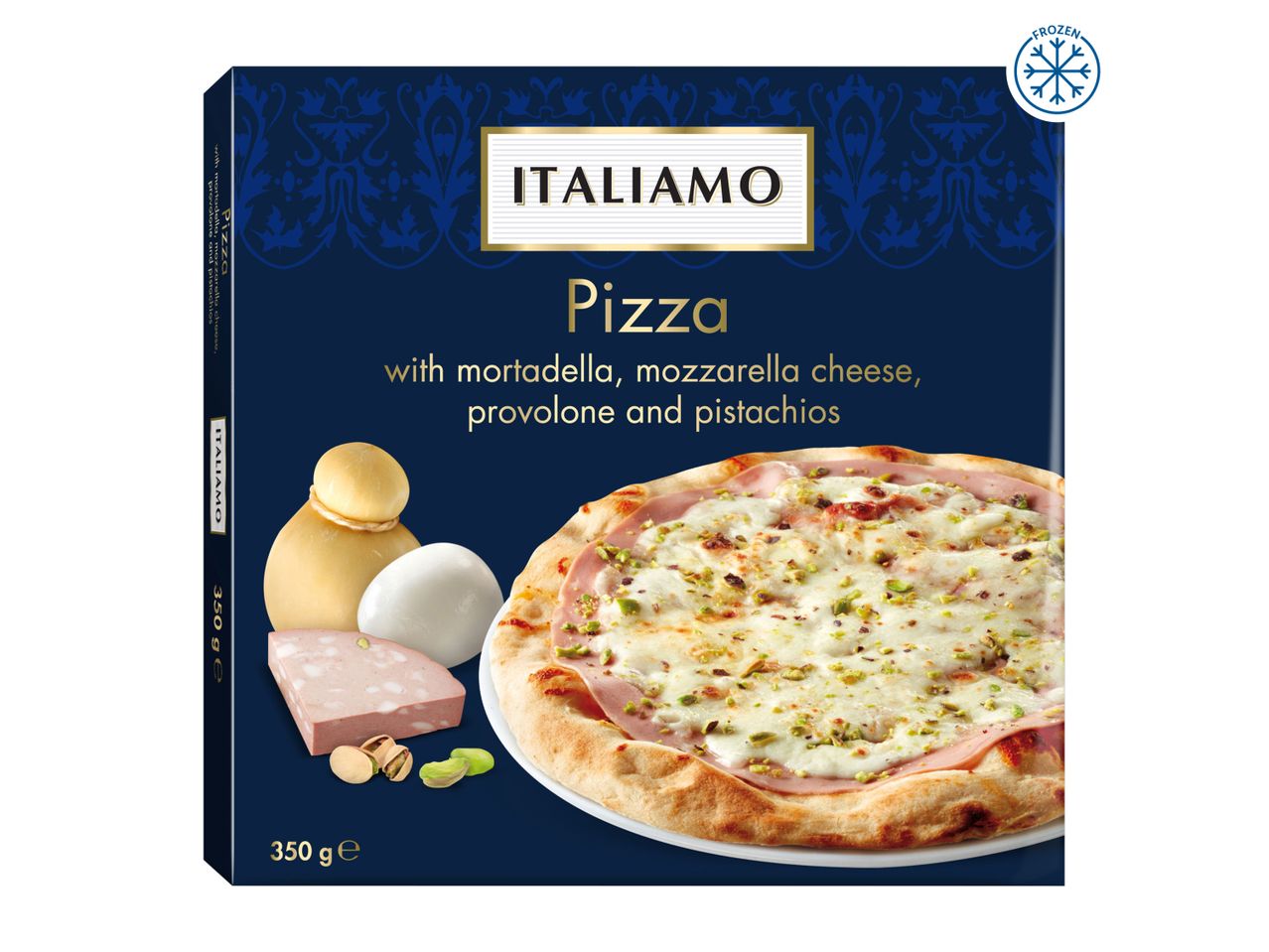 A box of ITALIAMO frozen pizza with mortadella, mozzarella, provolone, and pistachios.