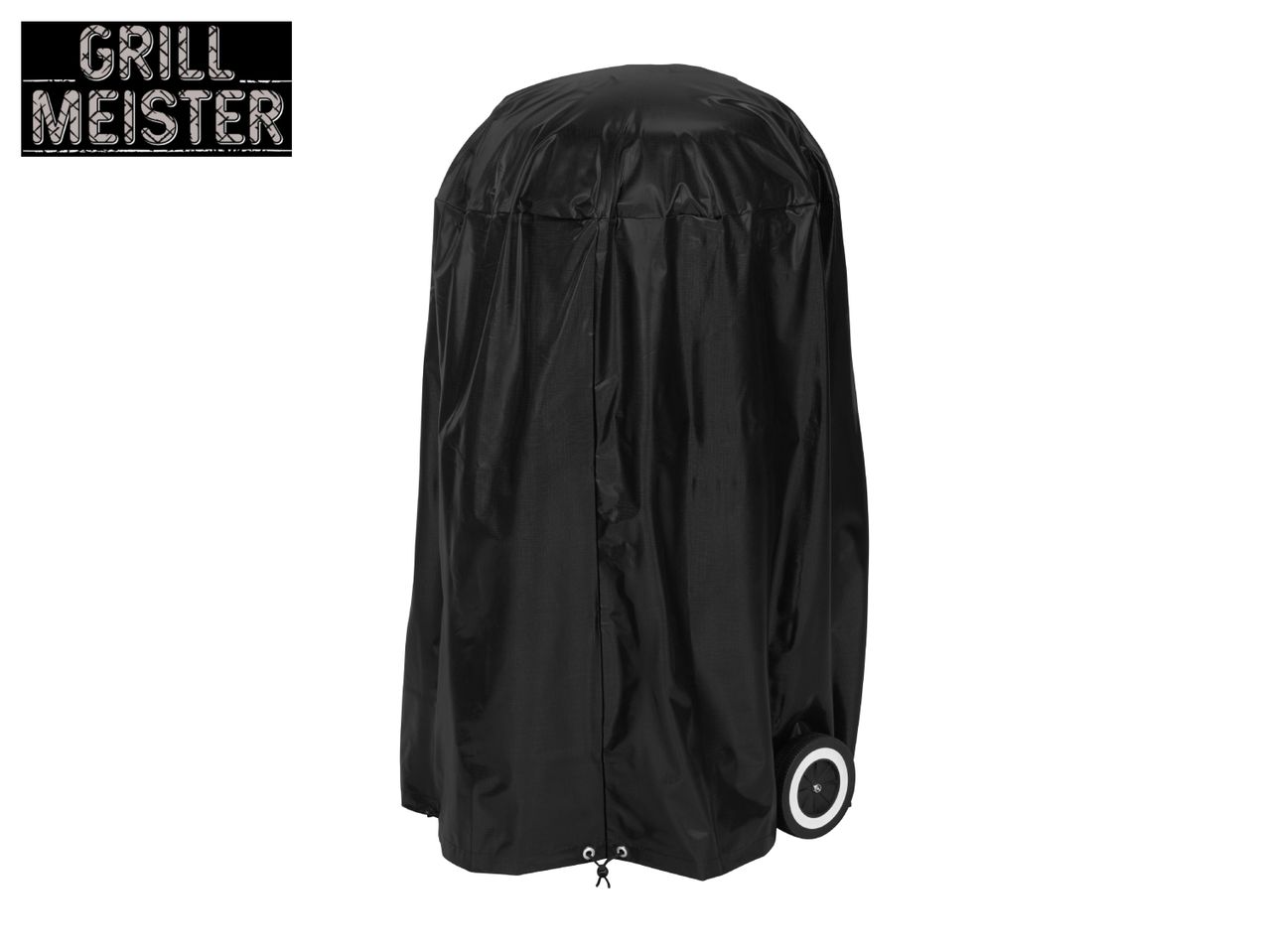 Black grill cover with wheels and a drawstring hem