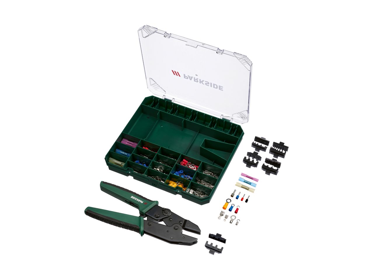 Crimping pliers set with various terminals and connectors in a green organizer box.