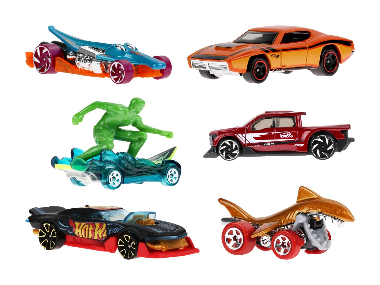 Seks Hot Wheels-legetøjsbiler, inklusive en orange muskelbil og en guldhajbil.