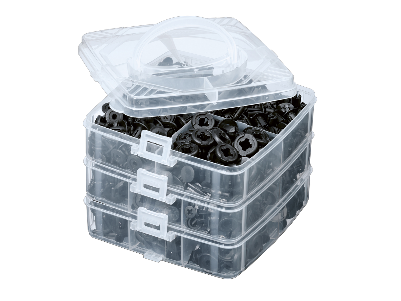 Parkside® set crnih plastičnih pričvršćivača i kopči u prozirnoj kutiji.