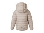 Back view of a beige children's puffer jacket with a hood and a small flower emblem.