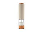 Electric salt or pepper mill with a beige top, clear middle, and wooden base.