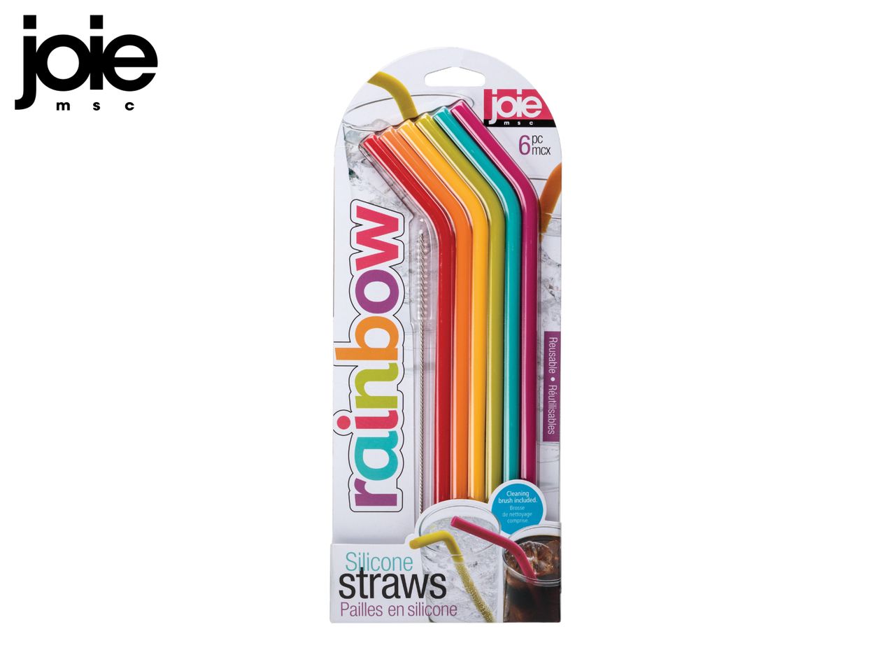 Rainbow silicone straws with a cleaning brush, 6 pieces, reusable.