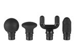 Four black massage gun heads: a ball, a flat head, a U-shaped head, and a bullet head.
