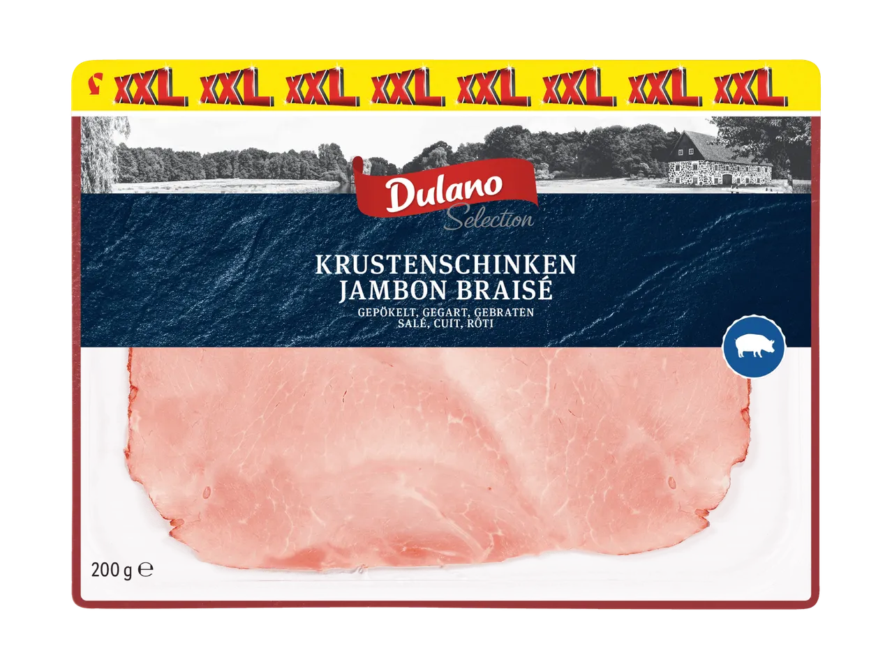 Emballage de jambon cuit XXL avec l'inscription 'Krustenschinken Jambon Braisé'.