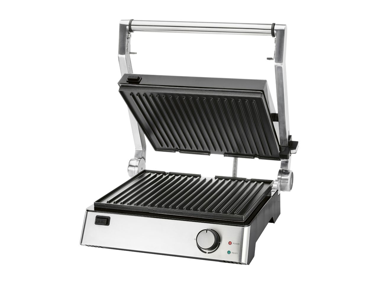 Open electric grill with ribbed plates, temperature dial, and indicator lights.