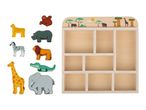 Wooden safari animal figures and a matching display shelf