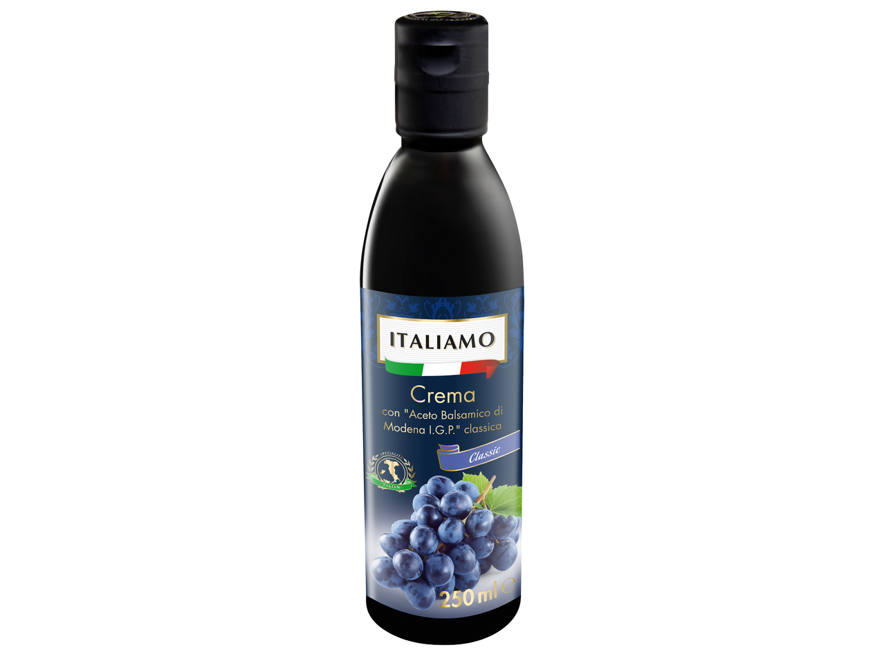 Бутилка балсамов оцет с грозде и надпис „Crema classica“.