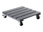 Grey wooden plant caddy with four black wheels, two of which have brakes.