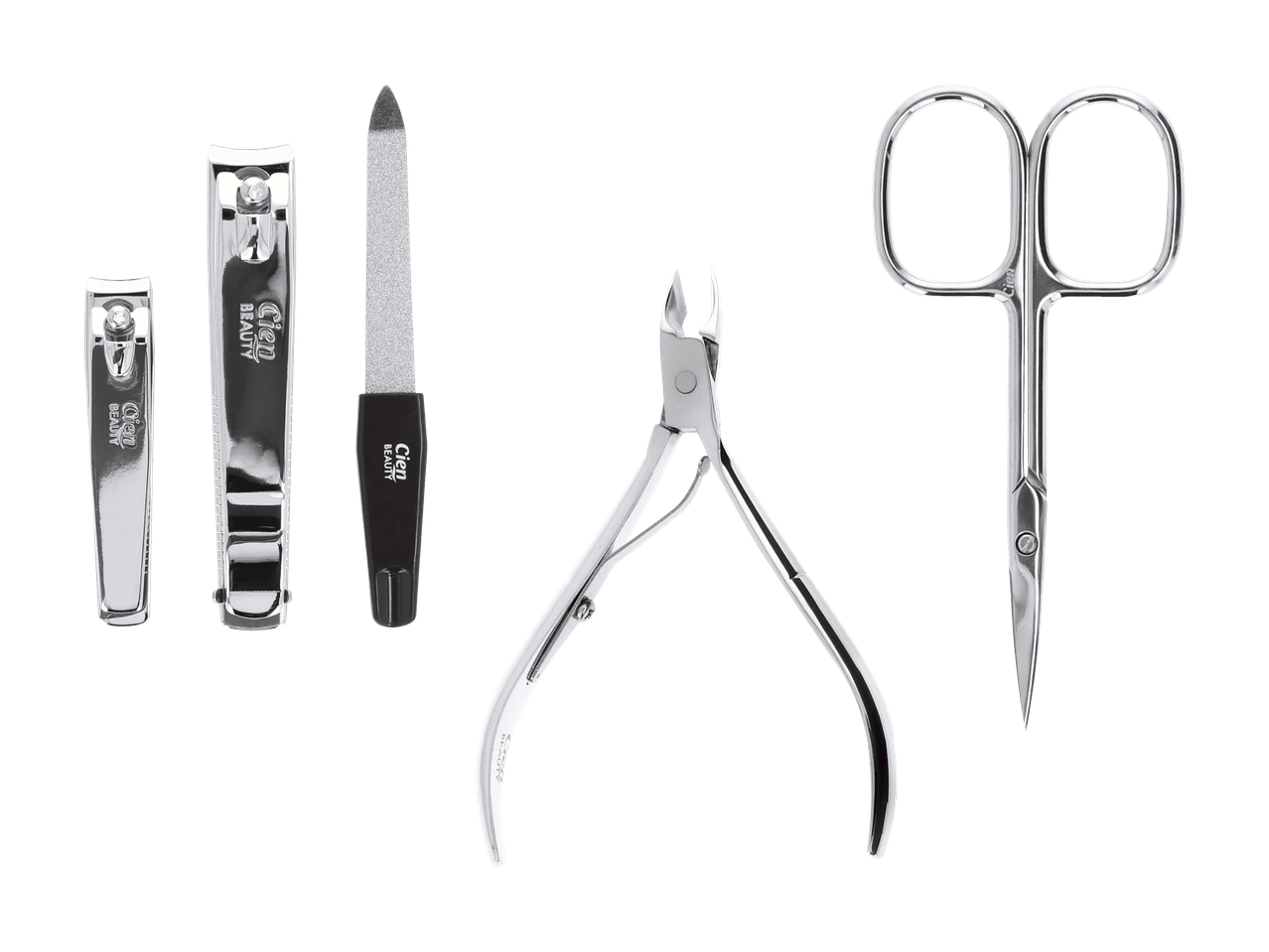 Kit de manucure avec coupe-ongles, lime à ongles, pince à cuticules et ciseaux à ongles.