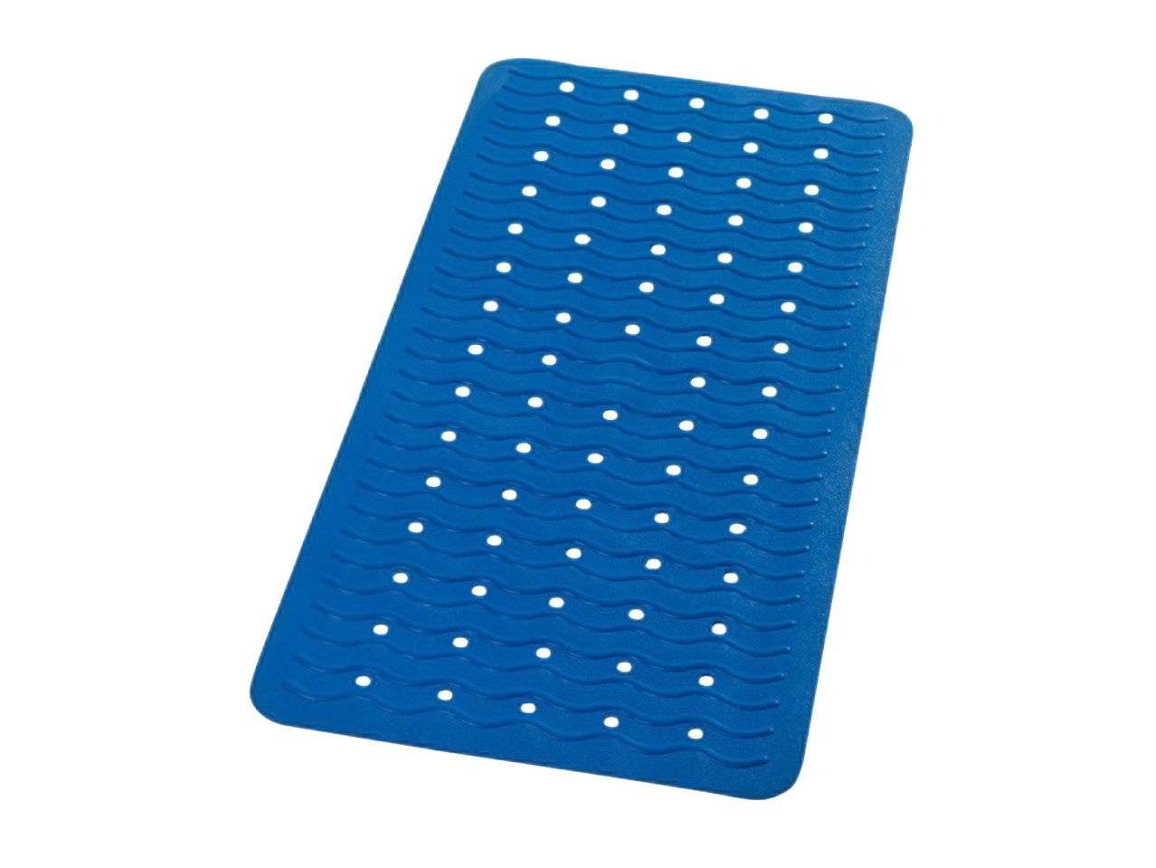Blue rectangular bath mat with wavy texture and drainage holes