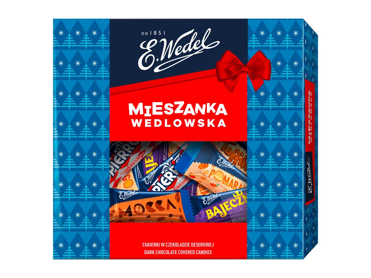 Christmas-themed box of dark chocolate covered candies, including orange, coffee, and nut flavors.