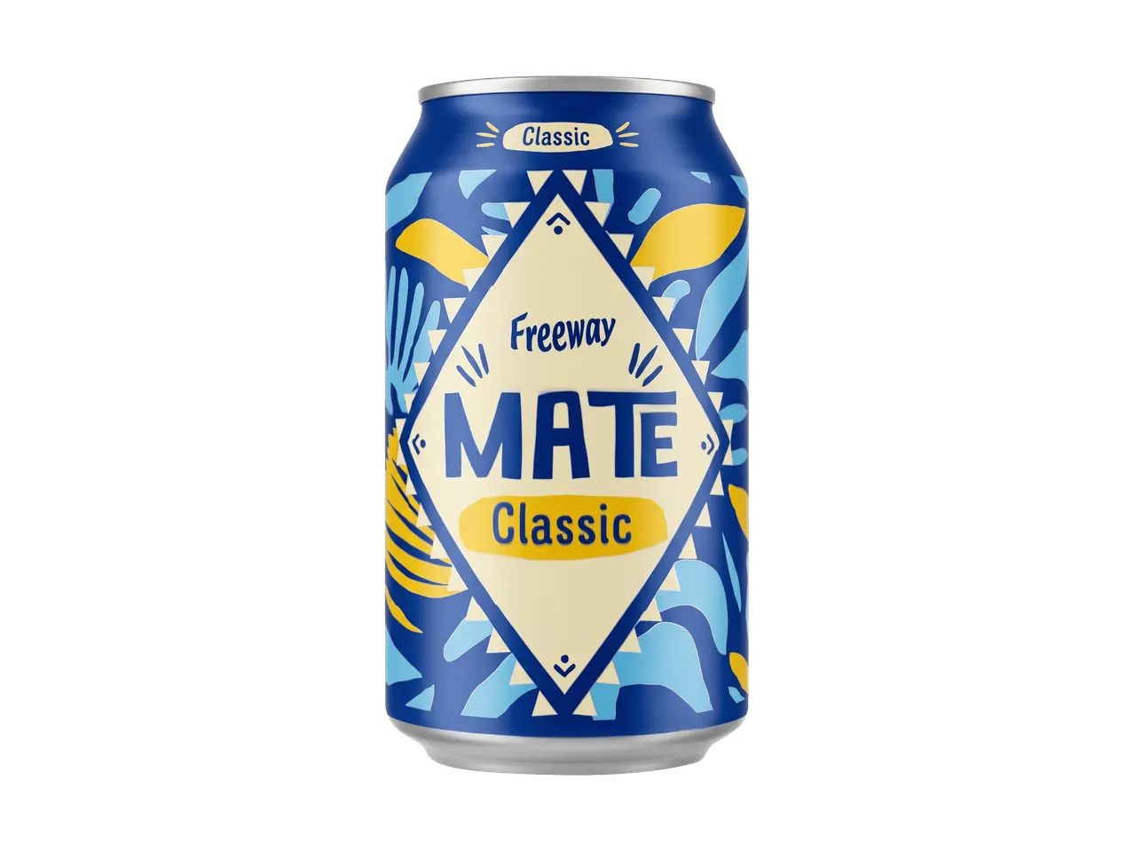 Blaue und gelbe klassische Mate-Getränkedose mit abstrakten Mustern.