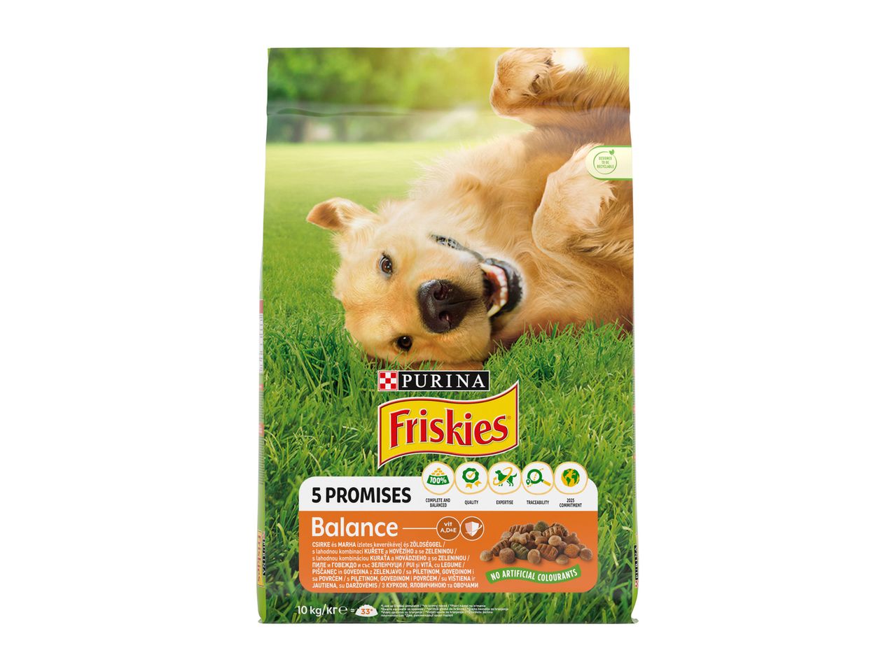 Sac de hrană pentru câini Friskies Balance cu un golden retriever pe iarbă.