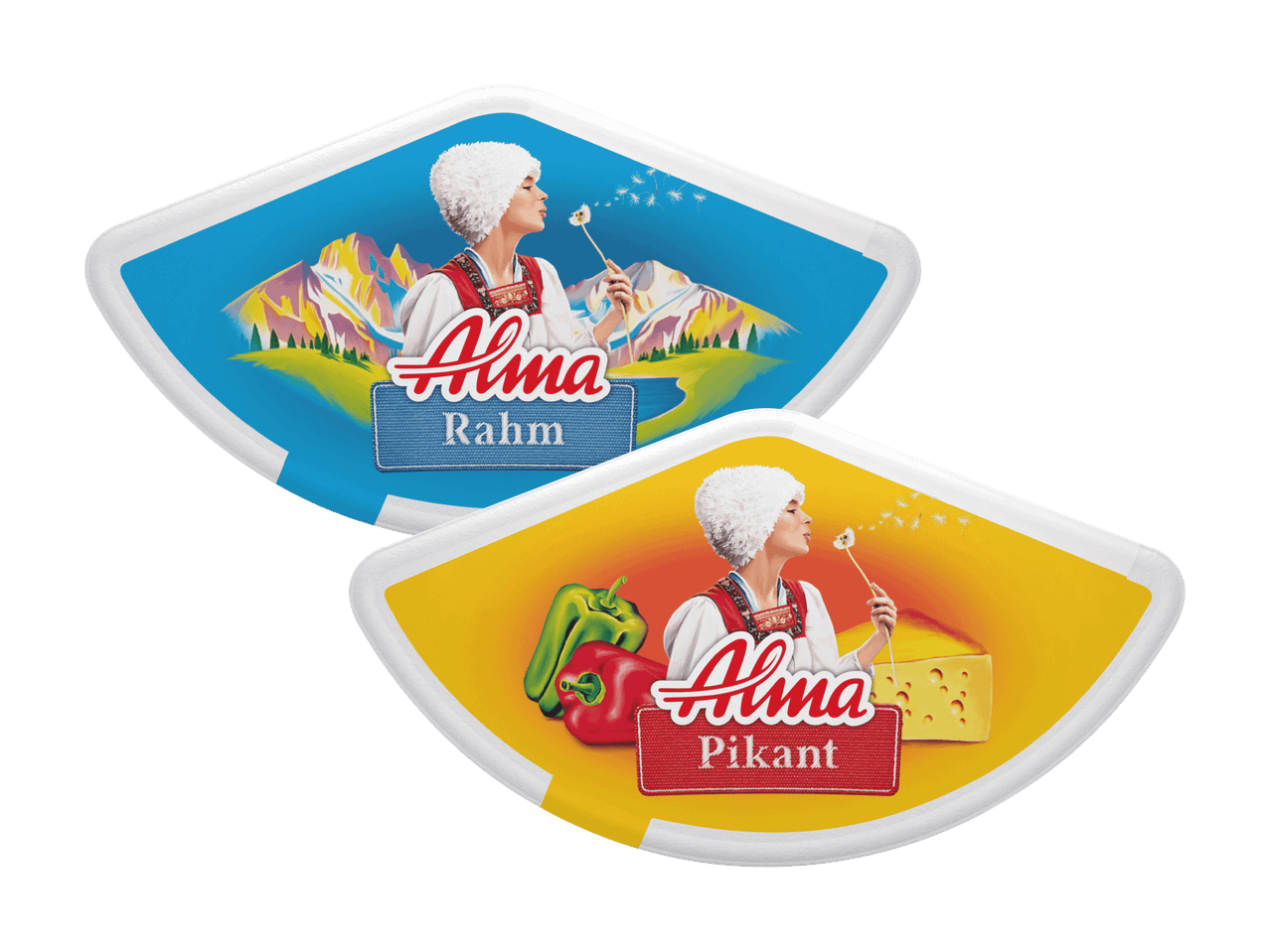 Zwei Alma Pikanter Käse-Portionen in blau und gelb.