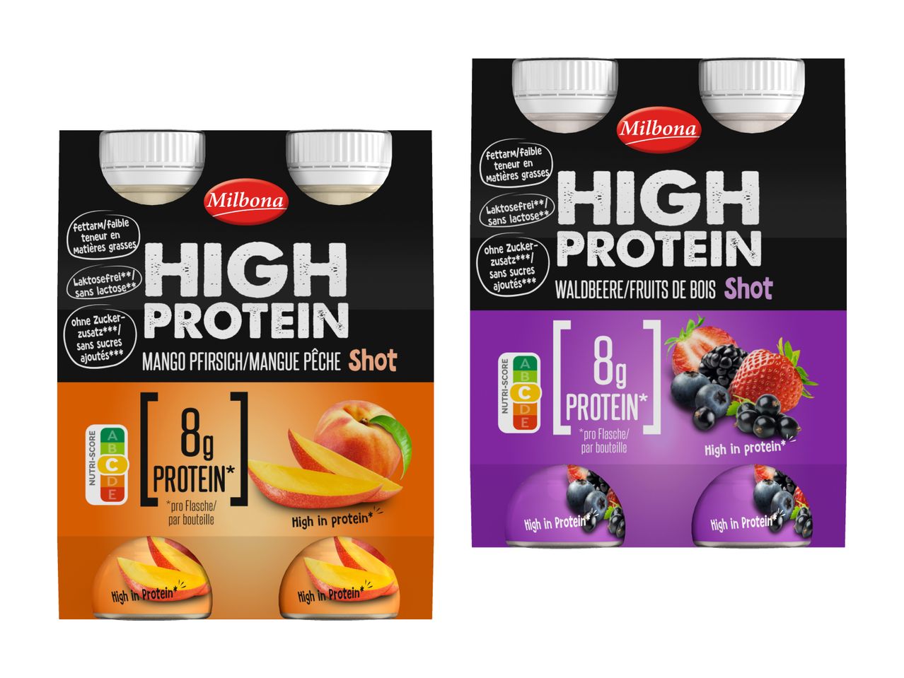 Deux packs de yaourts Danone High Protein aux pêches et aux myrtilles.