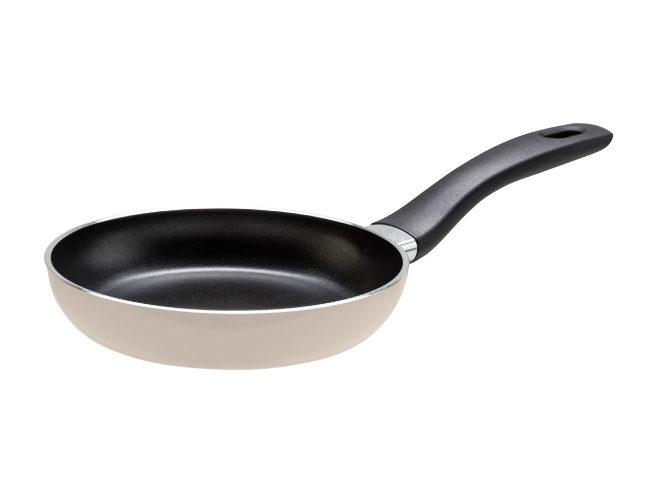 A small, light beige frying pan with a black handle, angled on a white background.