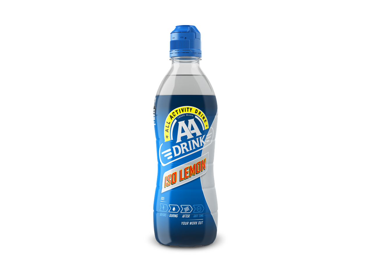 Een fles isotonische sportdrank met citroensmaak, met de tekst 'All Activity Drink ISO Lemon'.