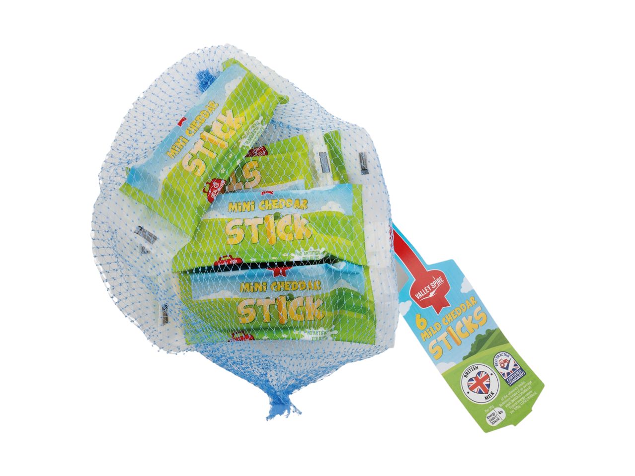 A blue mesh bag containing six individually wrapped Valley Spire Mini Cheddar Sticks.