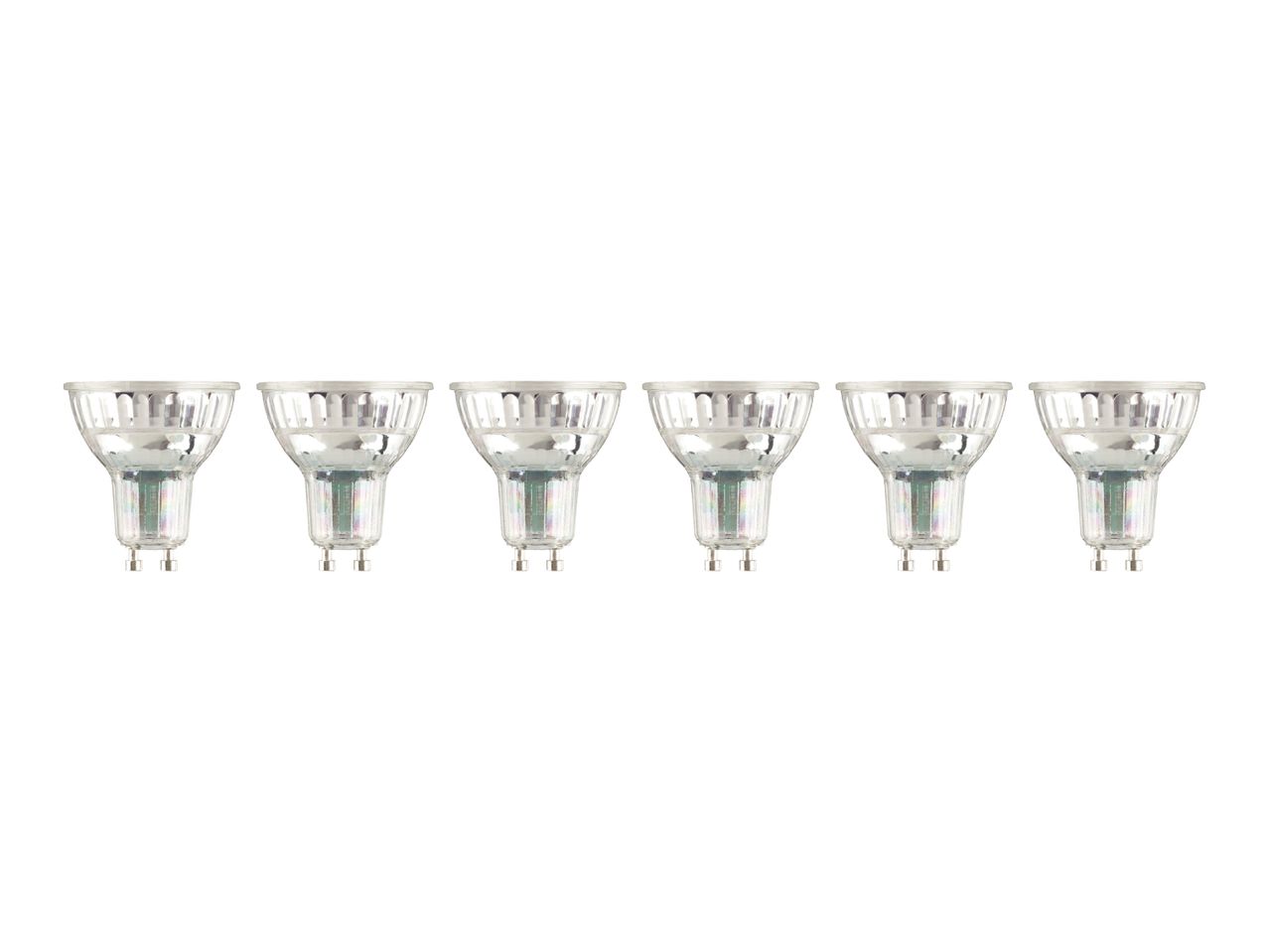Six GU10 halogen light bulbs arranged in a row on a white background.