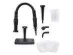 Комплект аксесоари за парочистачка, включващ гъвкав маркуч, различни дюзи, мерителна чаша и кърпа.