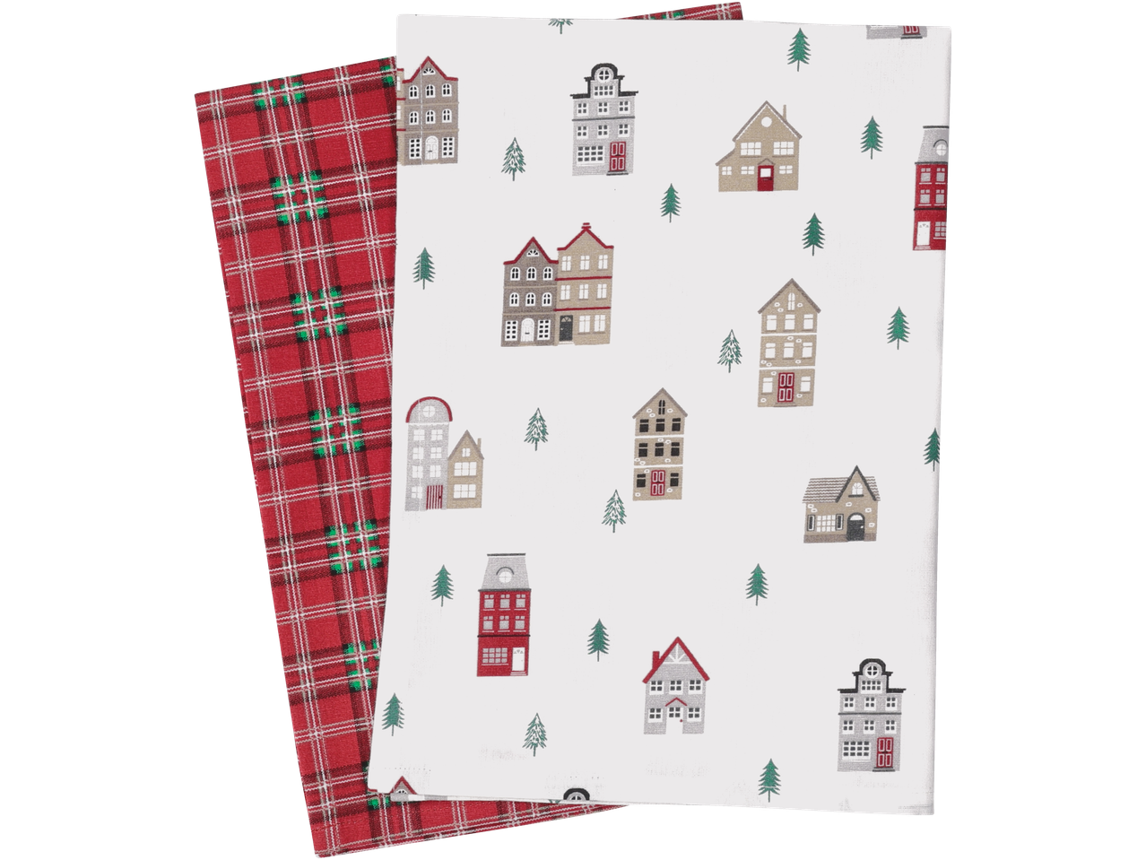 LIVARNO Virtuvinis rankšluostis: Raudonas languotas ir baltas su namais ir medžiais