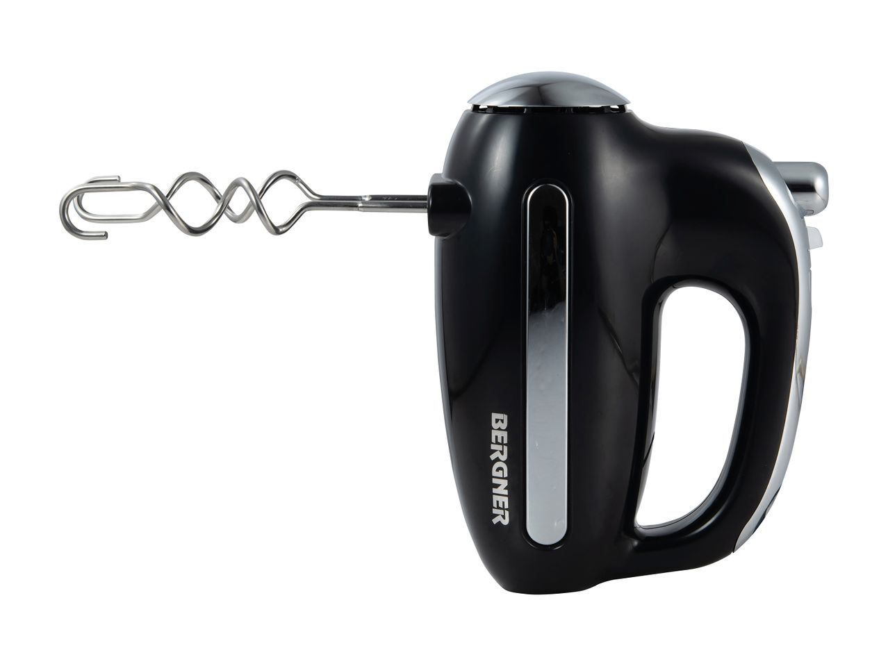 A black hand mixer with silver accents.