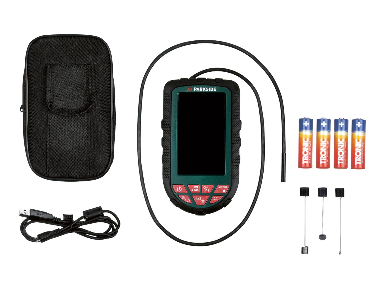 Inspection camera kit with case, batteries, USB cable, and various attachments.