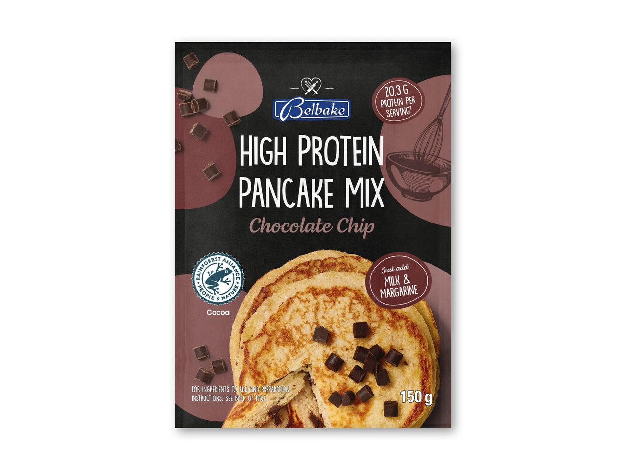 Belbake High Protein Pancake Mix med chokoladechips: 150g pose med pandekager.