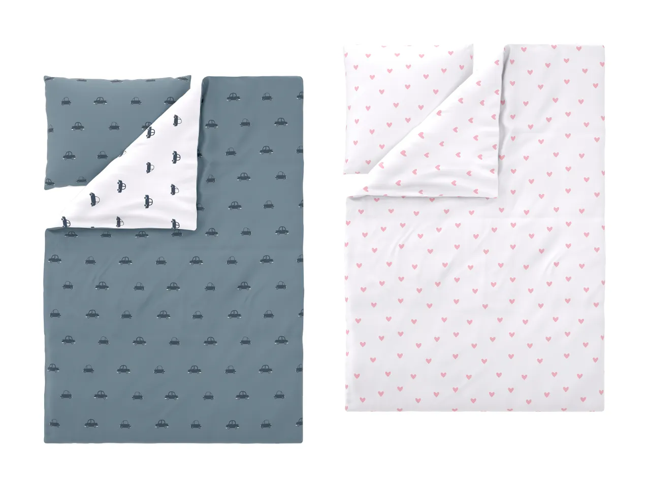 Sengesæt med bilmønster og sengesæt med lyserøde hjerter.