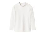 White long-sleeved rash guard with a mock neck, suitable for swimwear or activewear.